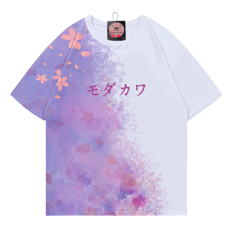 Sakura Gradient Letter Print Modakawa T-shirt - White&Purple - 5XL - image 3
