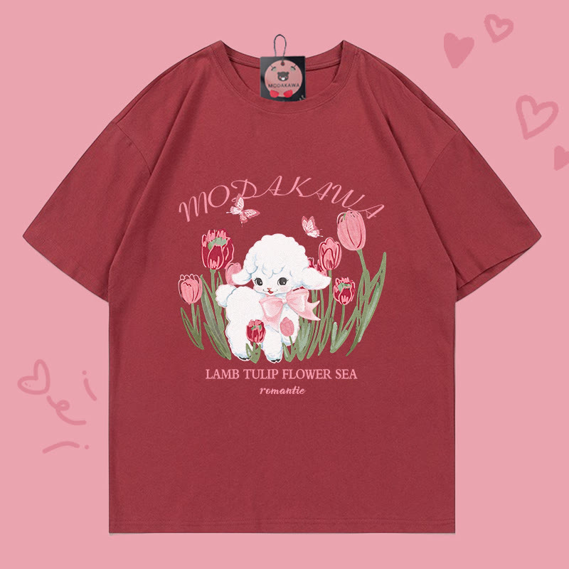 Lamb Letter Print 100% Cotton Modakawa T-shirt - Red - 5XL - image 1