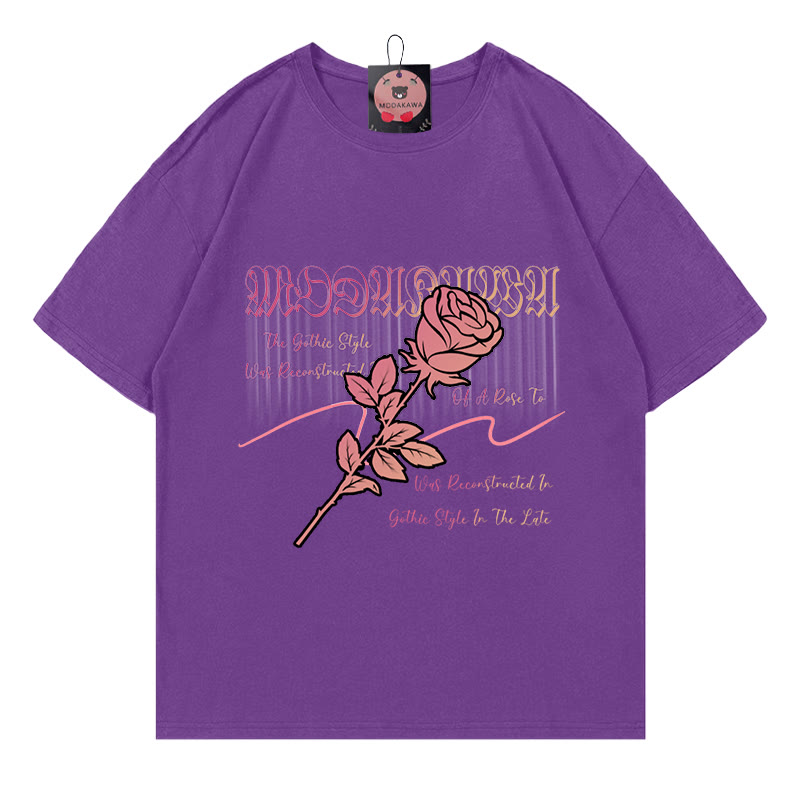 Gothic Rose Letter Print 100% Cotton Modakawa T-shirt - Purple - 5XL - image 3