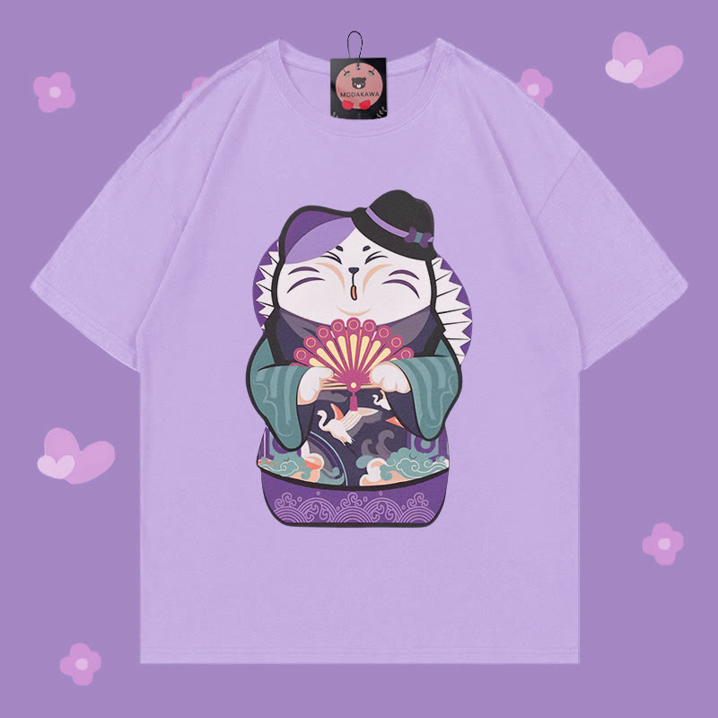Kitty Print 100% Cotton Modakawa T-shirt - Purple - 5XL - image 2