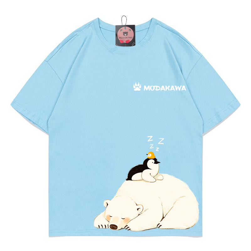 Polar Bear Penguin Letter 100% Cotton Modakawa T-shirt - Blue - 5XL - image 1