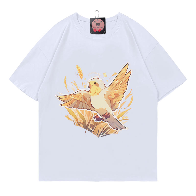Bird Cornfield Print 100% Cotton Modakawa T-shirt - White - 5XL - image 2