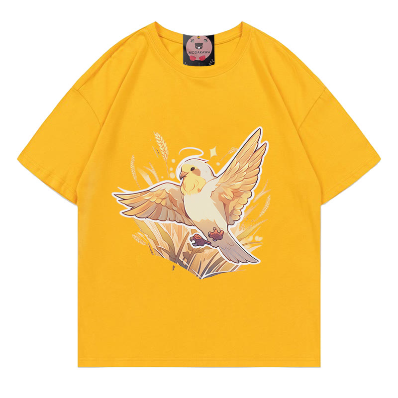 Bird Cornfield Print 100% Cotton Modakawa T-shirt - Yellow - 5XL - image 3