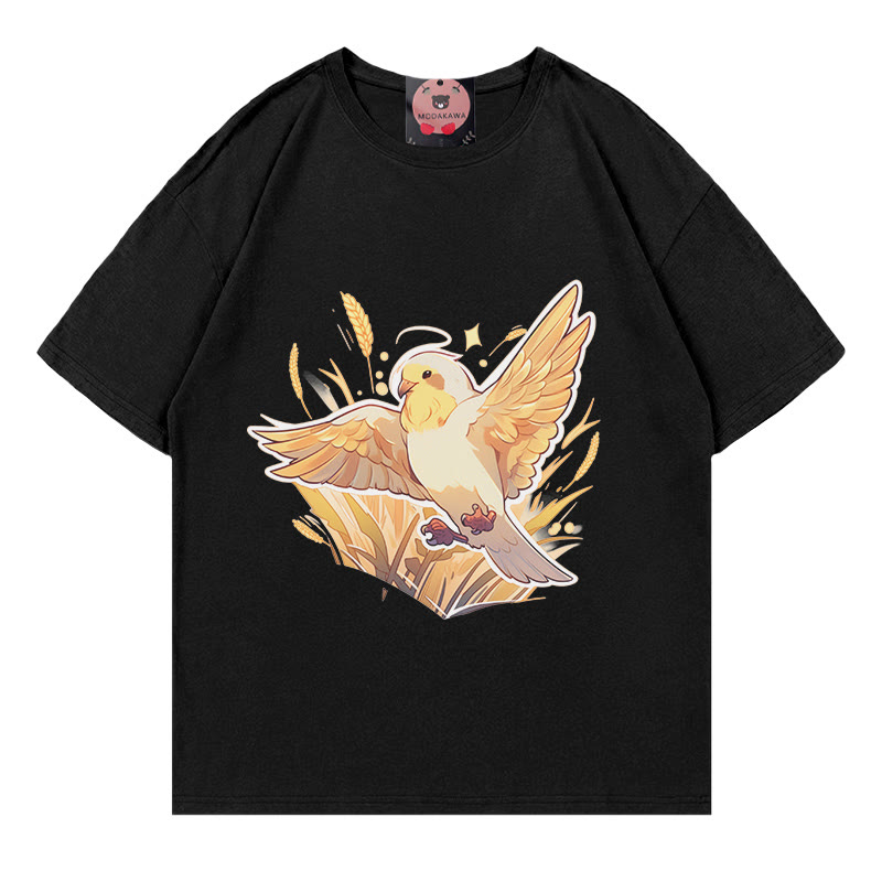 Bird Cornfield Print 100% Cotton Modakawa T-shirt - Black - 5XL - image 1