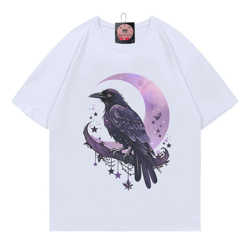 Bird Moon Print 100% Cotton Modakawa T-shirt - White - 5XL - image 3
