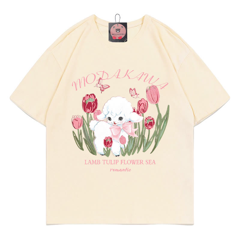 Lamb Letter Print 100% Cotton Modakawa T-shirt - Apricot - 5XL - image 2