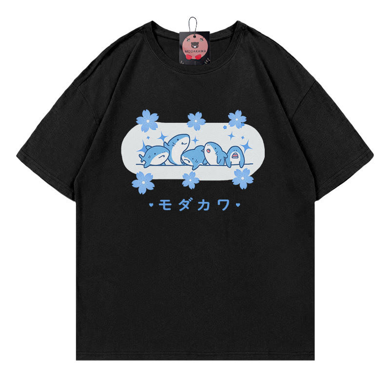 Shark Letter Print 100% Cotton Modakawa T-shirt - Black - 5XL - image 1
