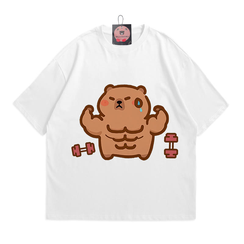 Fitness Capybara Print 100% Cotton Modakawa T-shirt - White - 5XL - image 3