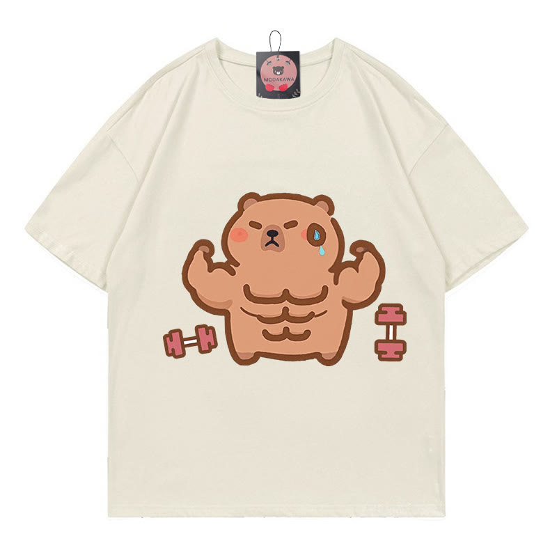 Fitness Capybara Print 100% Cotton Modakawa T-shirt - Beige - 5XL - image 1