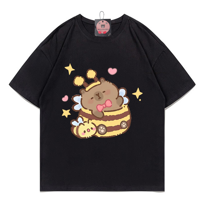 Bee Capybara Print 100% Cotton Modakawa T-shirt - Black - 5XL - image 2