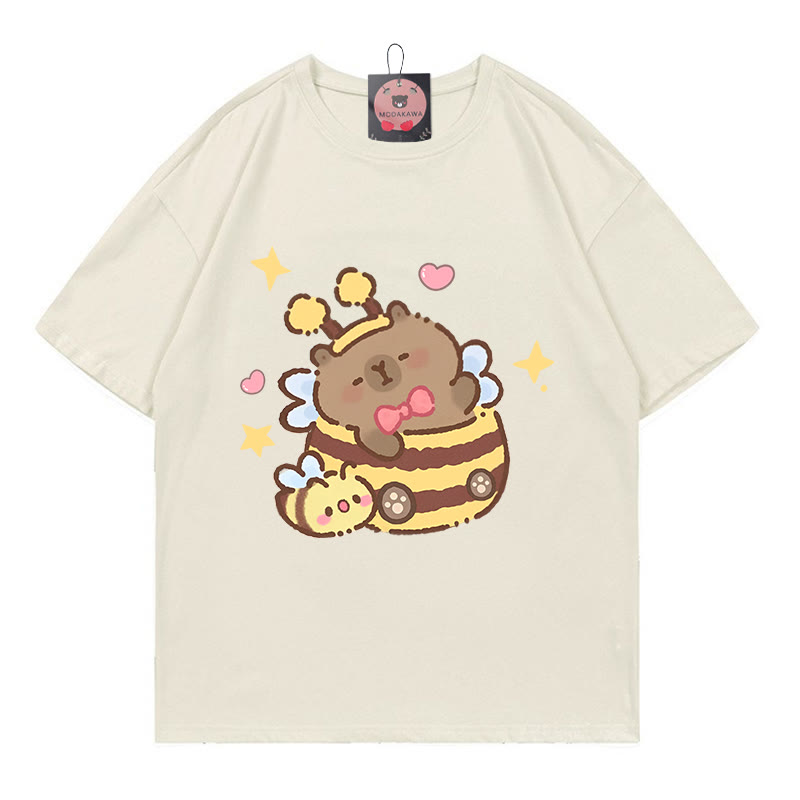 Bee Capybara Print 100% Cotton Modakawa T-shirt - Beige - 5XL - image 1