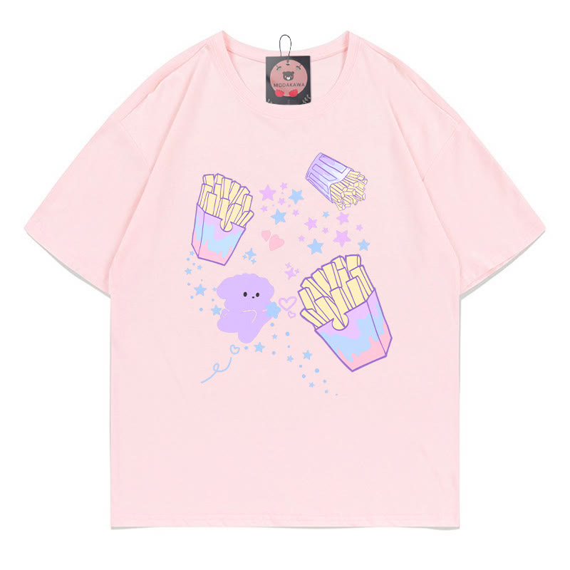 Puppy French Fries Print 100% Cotton Modakawa T-shirt - Pink - 5XL - image 1