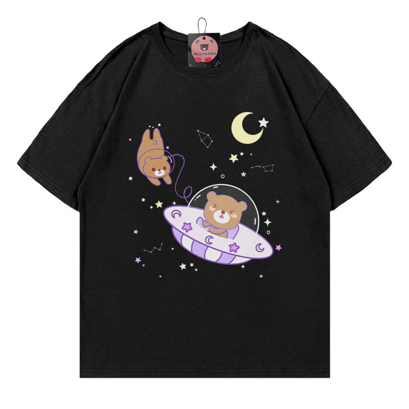 Bear Flying Saucer Print 100% Cotton Modakawa T-shirt - Black - 5XL - image 3