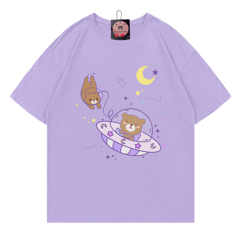 Bear Flying Saucer Print 100% Cotton Modakawa T-shirt - Purple - 5XL - image 1