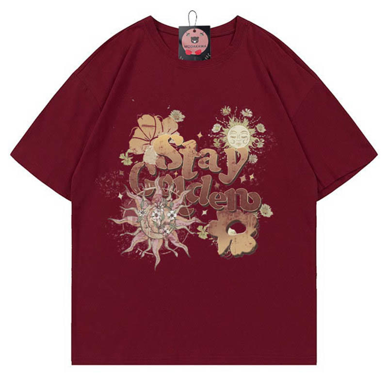 STAY GOLDEN Sun Flower Print 100% Cotton Modakawa T-shirt - Wine Red - 5XL - image 2