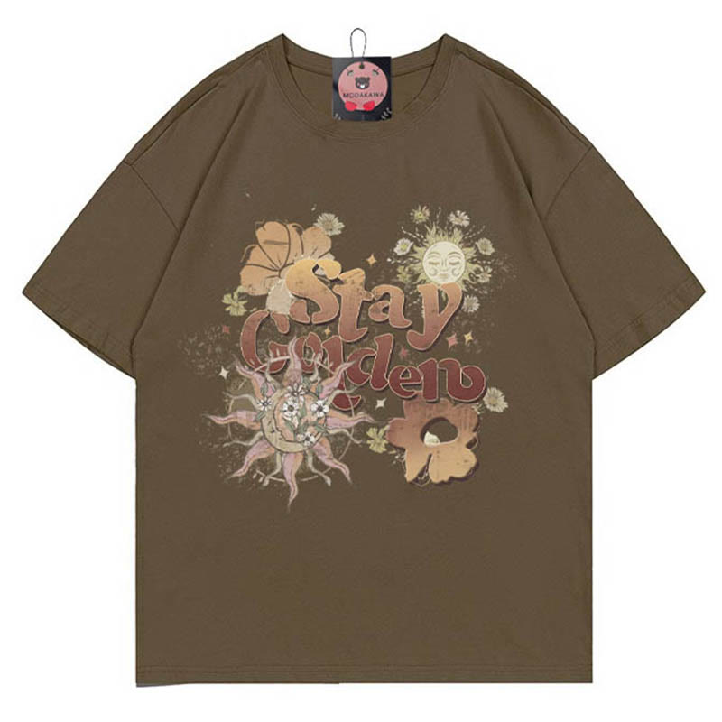 STAY GOLDEN Sun Flower Print 100% Cotton Modakawa T-shirt - Brown - 5XL - image 1