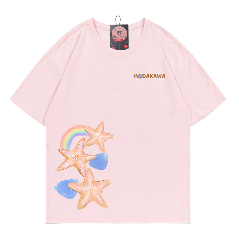 Starfish Letter Print 100% Cotton Modakawa T-shirt - Pink - 5XL - image 3