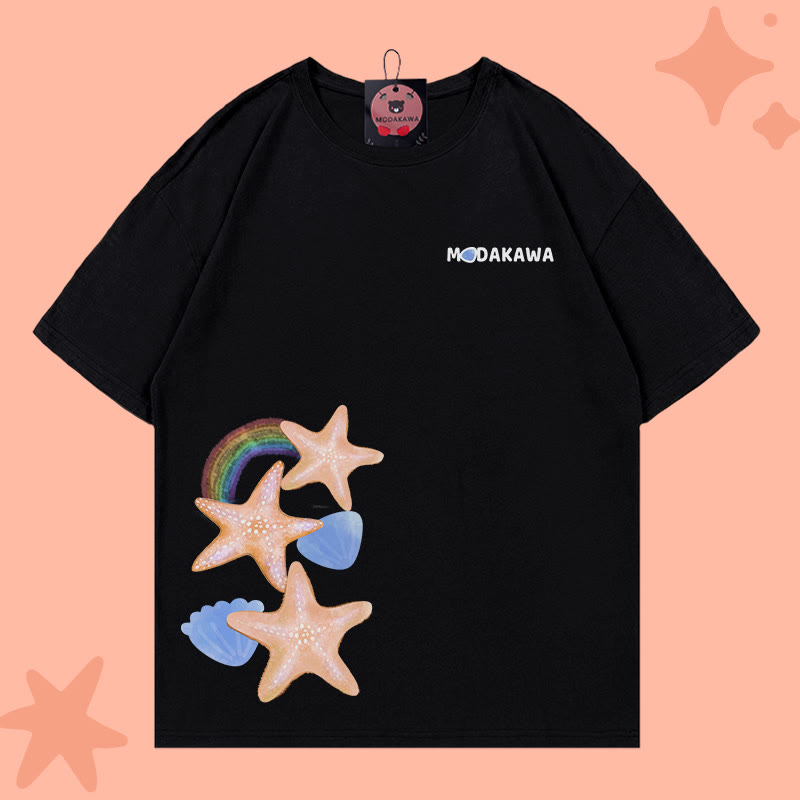 Starfish Letter Print 100% Cotton Modakawa T-shirt - Black - 5XL - image 1