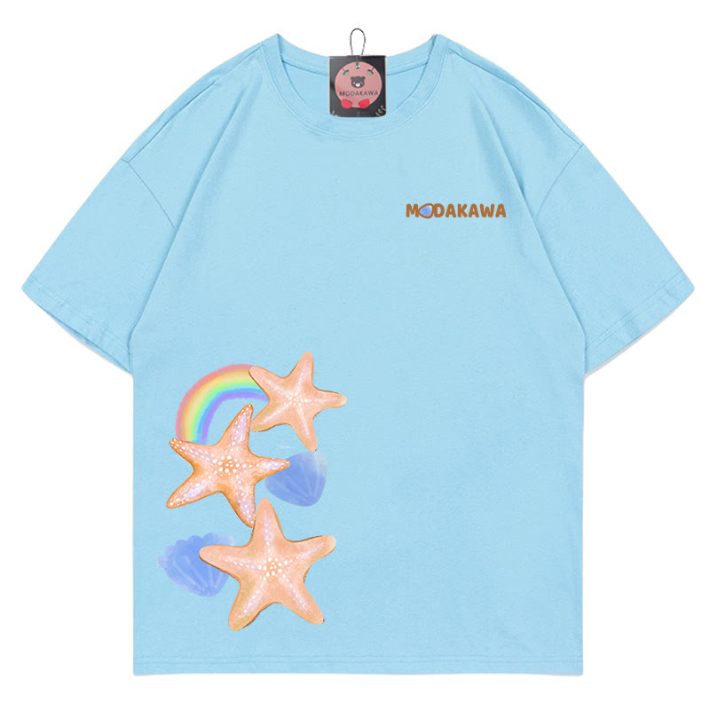Starfish Letter Print 100% Cotton Modakawa T-shirt - Blue - 5XL - image 2