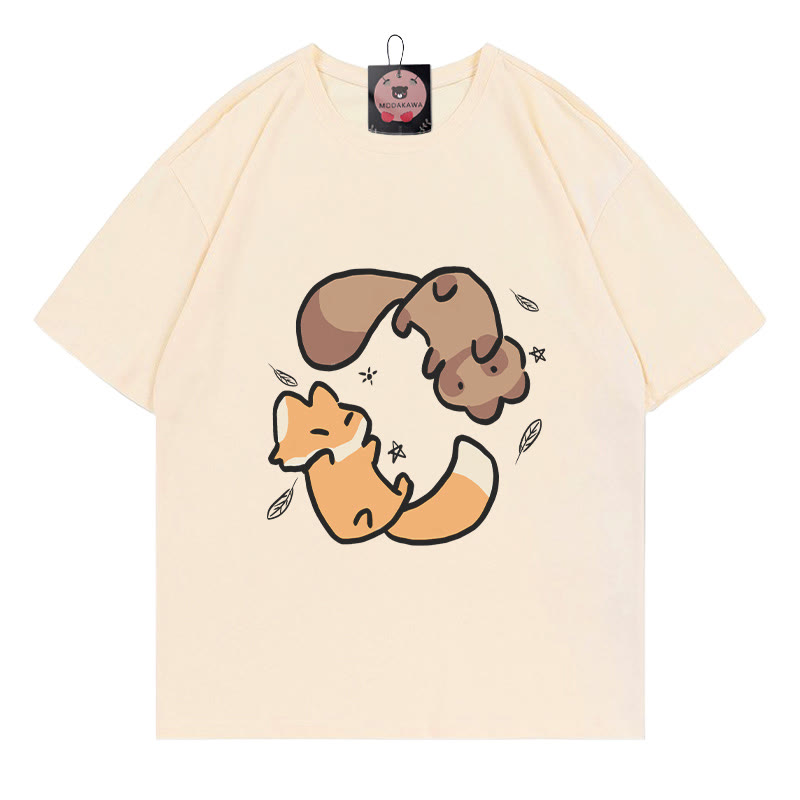 Rotating Red Panda Fox Print 100% Cotton Modakawa T-shirt - Apricot - 5XL - image 1