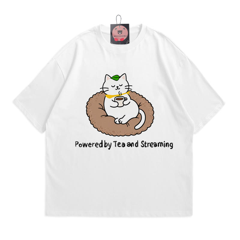 POWERED BY TEA AND STREAMING Kitty Print 100% Cotton Modakawa T-shirt - White - 5XL - image 3