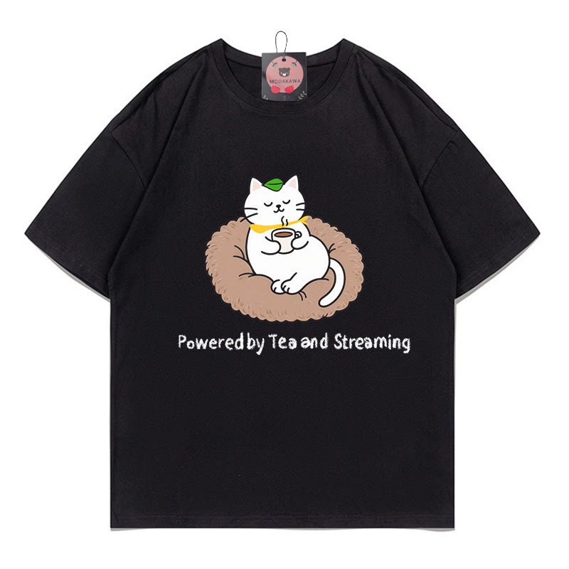 POWERED BY TEA AND STREAMING Kitty Print 100% Cotton Modakawa T-shirt - Black - 5XL - image 1