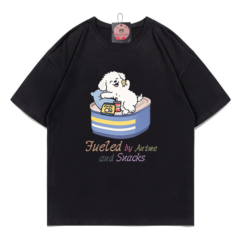 FUELED BY ANIME AND SNACKS Puppy Print 100% Cotton Modakawa T-shirt - Black - 5XL - image 1