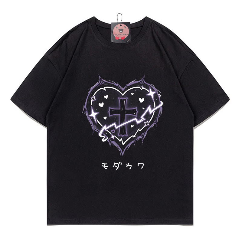 Heart Cross Print 100% Cotton Modakawa T-shirt - Black - 5XL - image 2