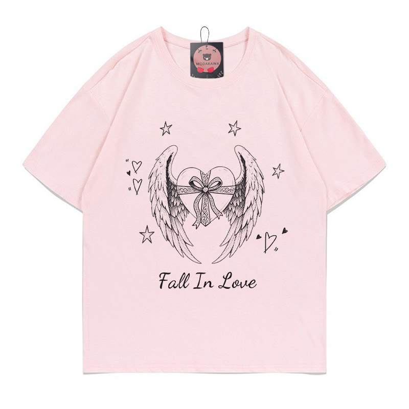 Heart Wings Print 100% Cotton Modakawa T-shirt - Pink - 5XL - image 2