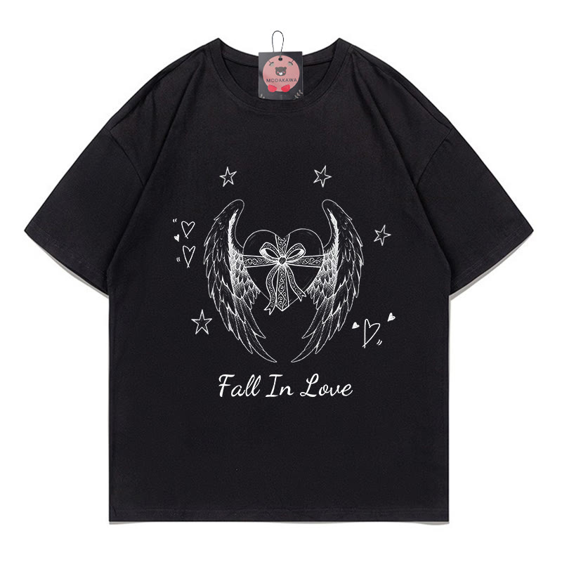 Heart Wings Print 100% Cotton Modakawa T-shirt - Black - 5XL - image 1
