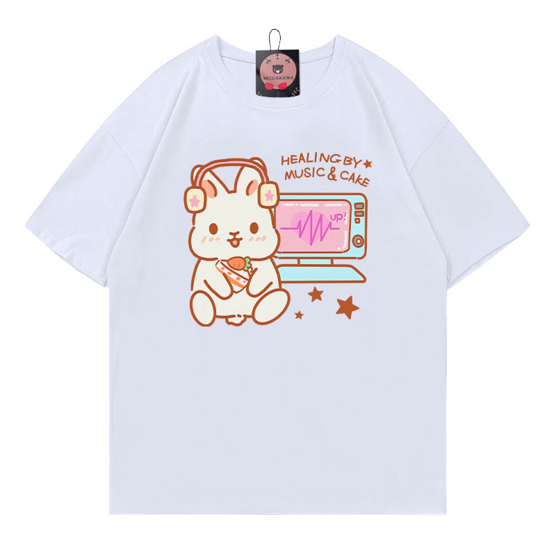 HEALING BY MUSIC CAKE Bunny Print 100% Cotton Modakawa T-shirt - White - 5XL - image 2