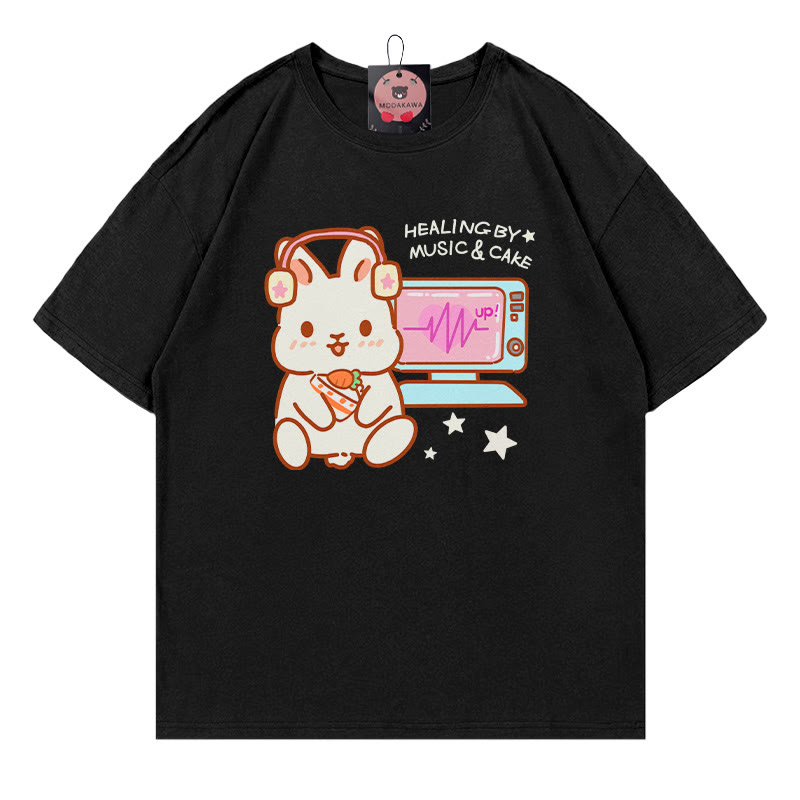 HEALING BY MUSIC CAKE Bunny Print 100% Cotton Modakawa T-shirt - Black - 5XL - image 1