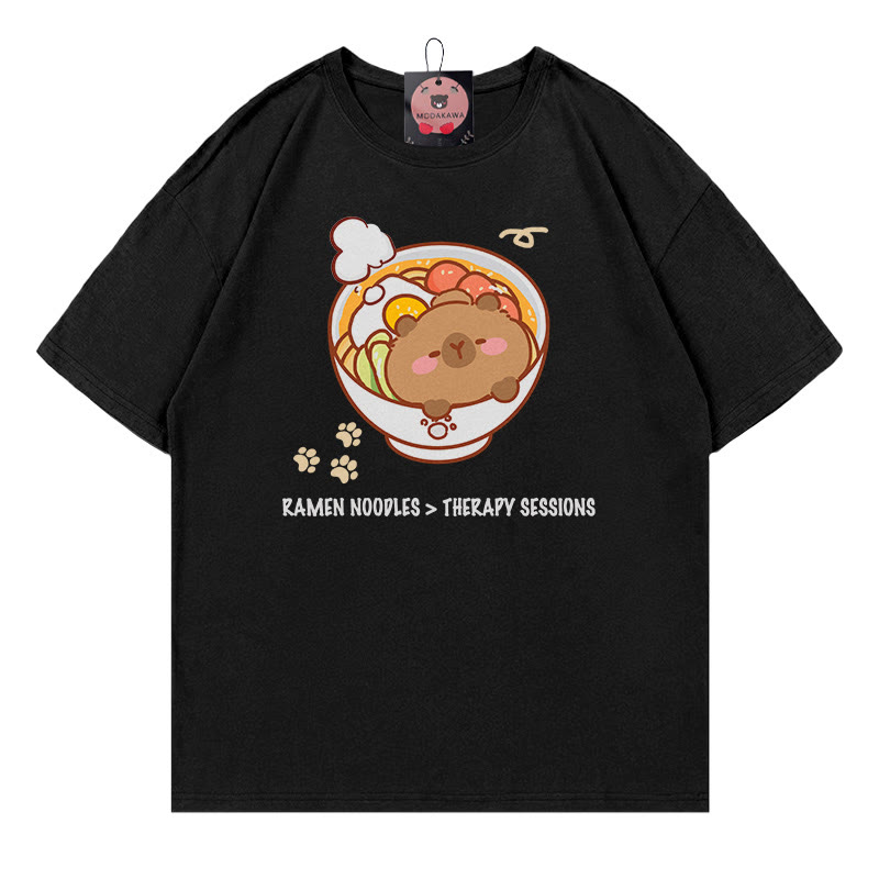 RAMEN NOODLES THERAPY SESSIONS Capybara Print 100% Cotton Modakawa T-shirt - Black - 5XL - image 2