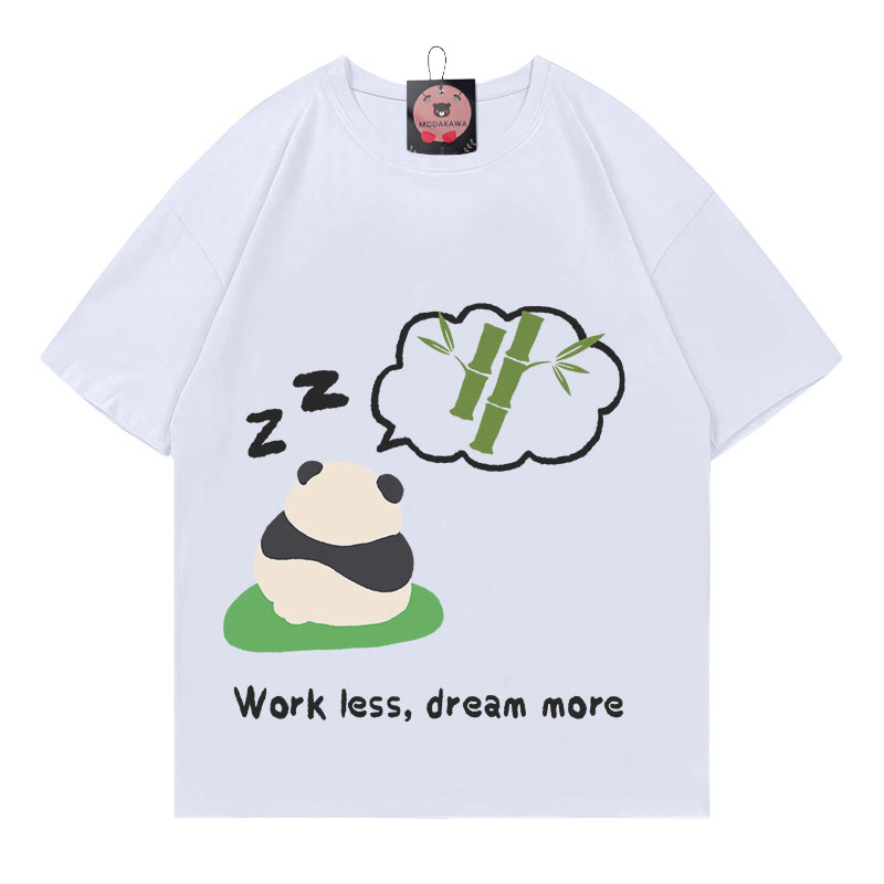 WORK LESS DREAM MORE Panda Print 100% Cotton Modakawa T-shirt - White - 5XL - image 1