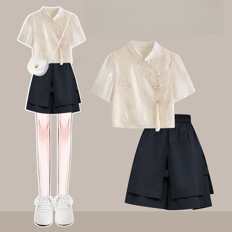 Vintage Buckle Tassels Top Loose Shorts Two Pieces Set - Apricot&Black - 3XL - image 2