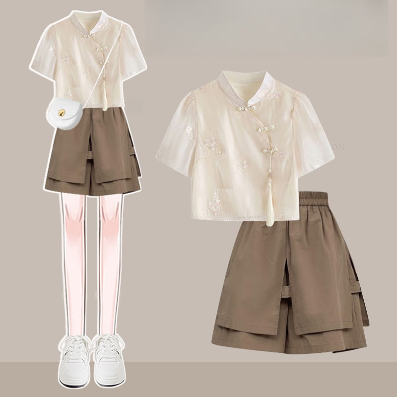 Vintage Buckle Tassels Top Loose Shorts Two Pieces Set - Apricot&Brown - 3XL - image 1