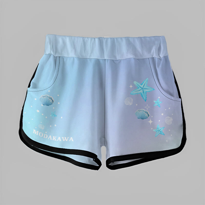 Modakawa Gradient Starfish Shell Print Casual Shorts - Blue - 5XL - image 1