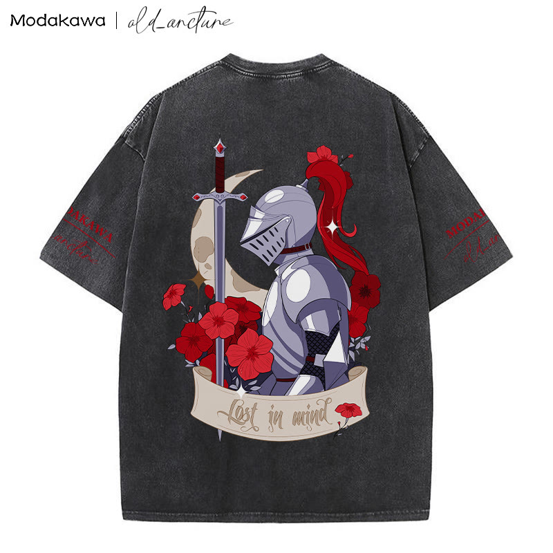 MODAKAWA X  old_arcture LOST IN MIND Rose Knight Print Vintage Washed T-shirt - Black - 5XL - image 2