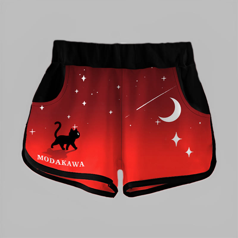 Modakawa Gradient Kitty Moon Star Print Casual Shorts - Red - 5XL - image 1