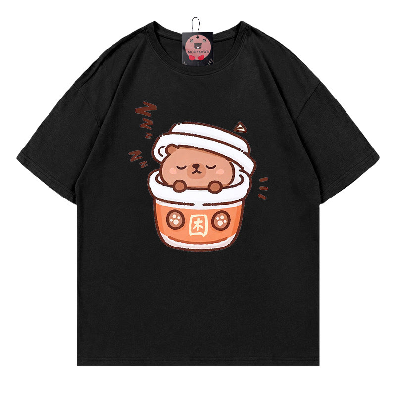Coffee Capybara Print 100% Cotton Modakawa T-shirt - Black - 5XL - image 3