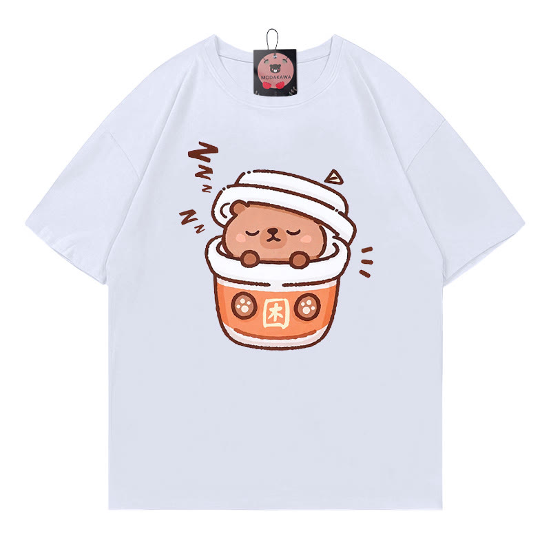 Coffee Capybara Print 100% Cotton Modakawa T-shirt - White - 5XL - image 1