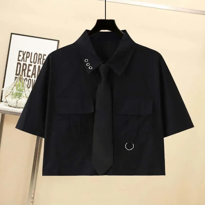 Pocket Lapel Tie T-Shirt Irregular Lace Up Slip Dress Two Pieces Set - image 5