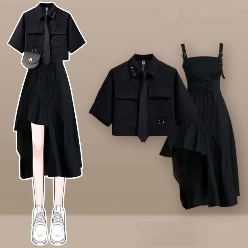 Pocket Lapel Tie T-Shirt Irregular Lace Up Slip Dress Two Pieces Set - Black - XL - image 1