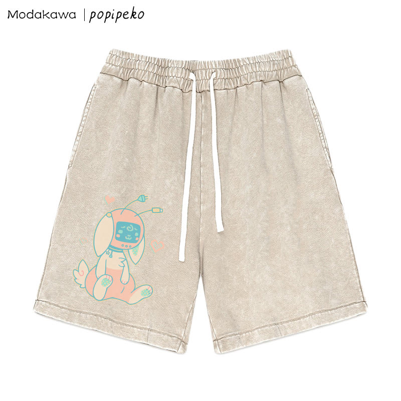 MODAKAWA X popipeko Robot Bunny Print Vintage Washed Shorts - Apricot - 3XL - image 2