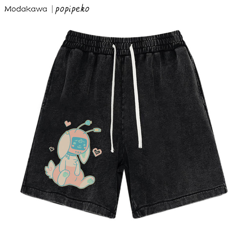 MODAKAWA X popipeko Robot Bunny Print Vintage Washed Shorts - Black - 3XL - image 1
