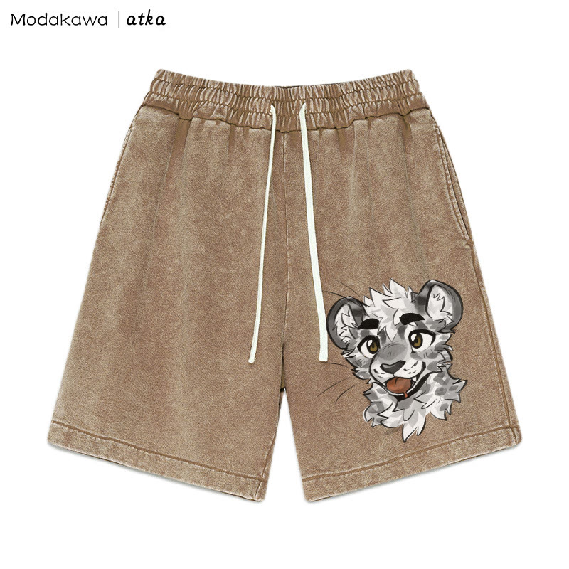 MODAKAWA X atka Cheeky Tiger Face Graphic Vintage Washed Shorts - Brown - 3XL - image 2