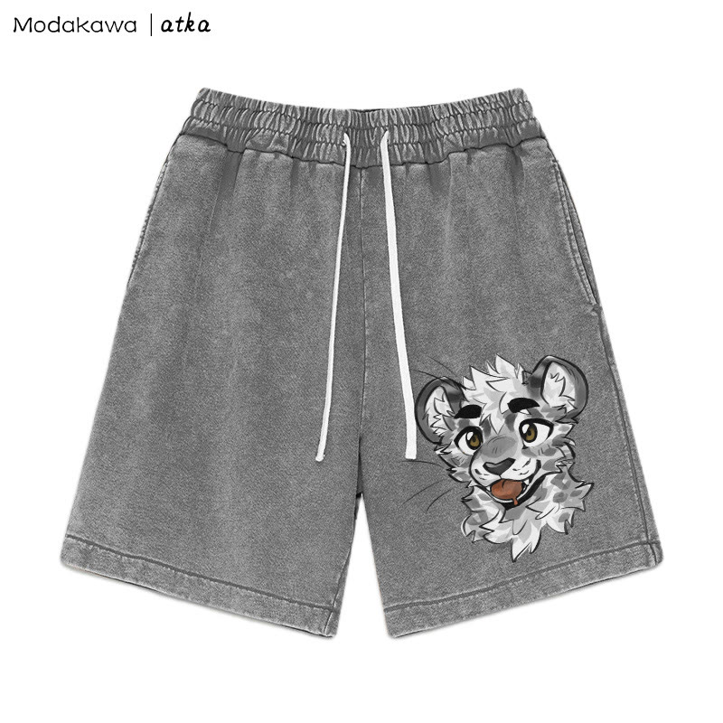 MODAKAWA X atka Cheeky Tiger Face Graphic Vintage Washed Shorts - Grey - 3XL - image 1