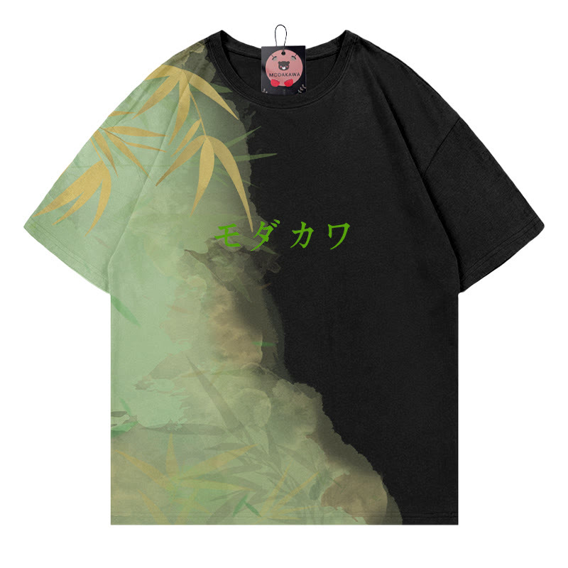 Bamboo Gradient Letter Print Modakawa T-shirt - Green&Black - 5XL - image 2