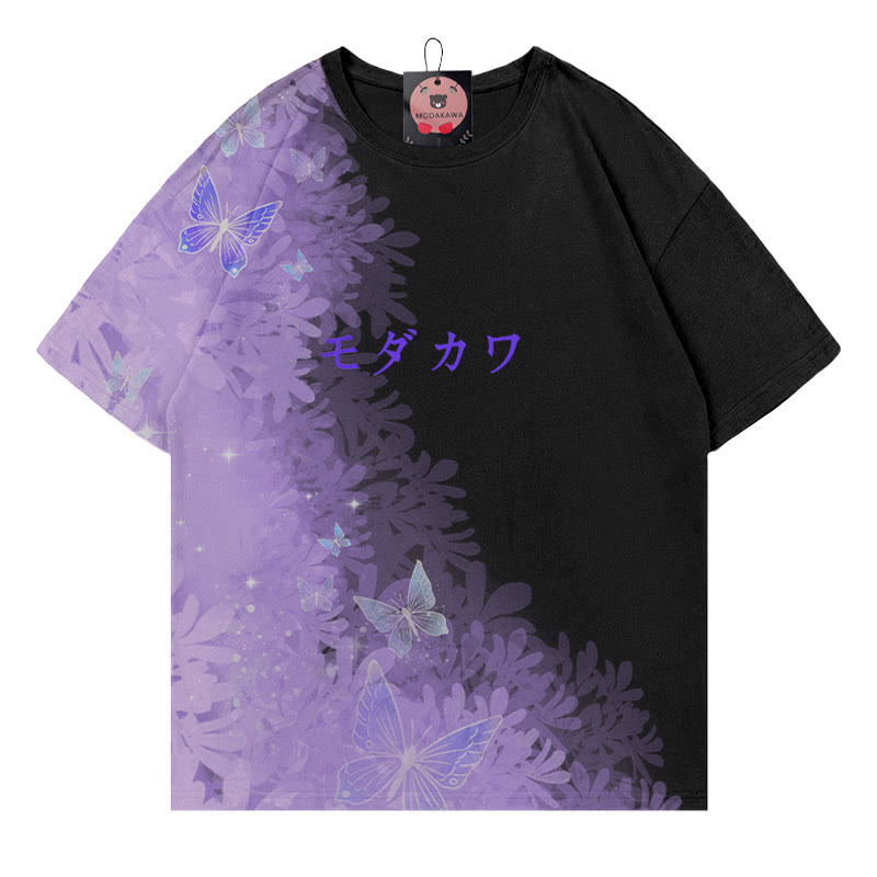 Butterfly Gradient Letter Print Modakawa T-shirt - Purple&Black - 5XL - image 2