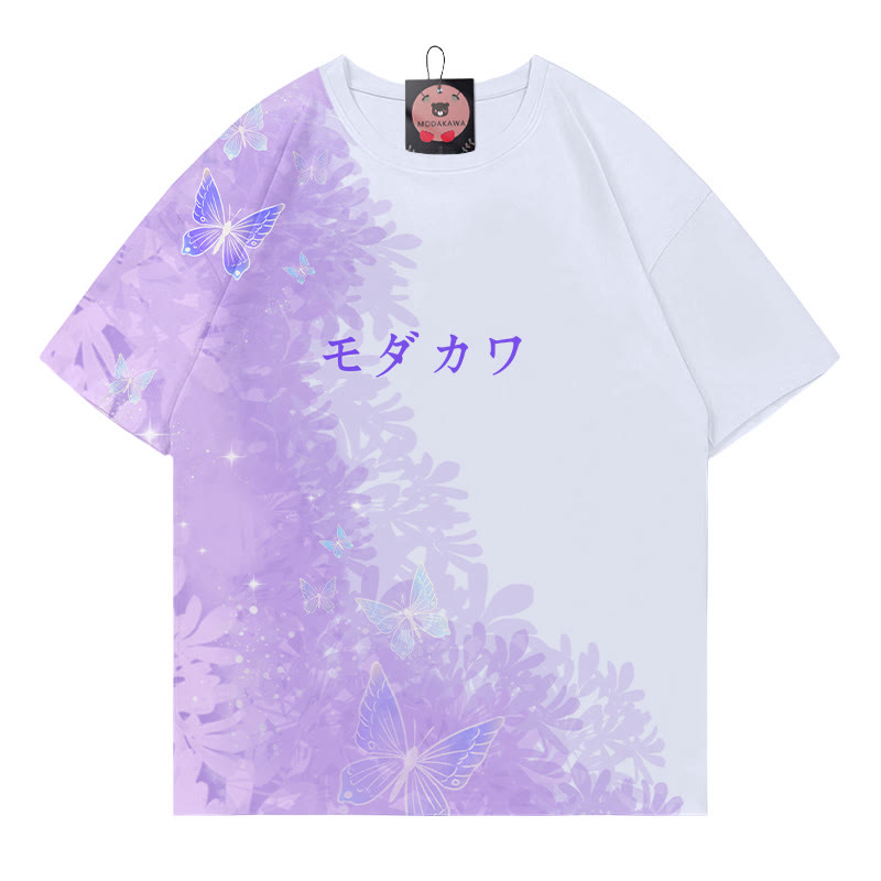 Butterfly Gradient Letter Print Modakawa T-shirt - Purple&White - 5XL - image 1